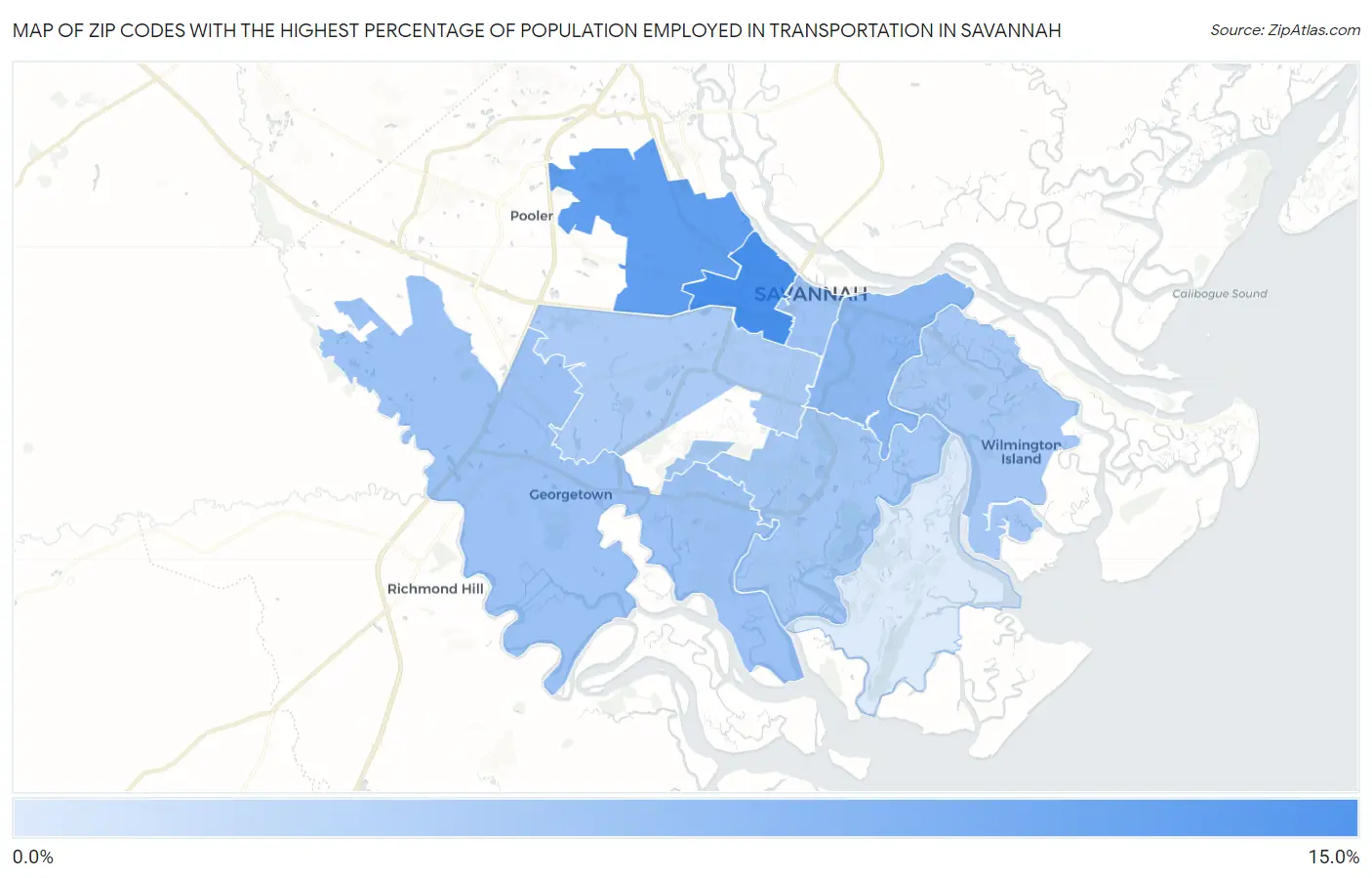 Zip Codes with the Highest Percentage of Population Employed in Transportation in Savannah Map