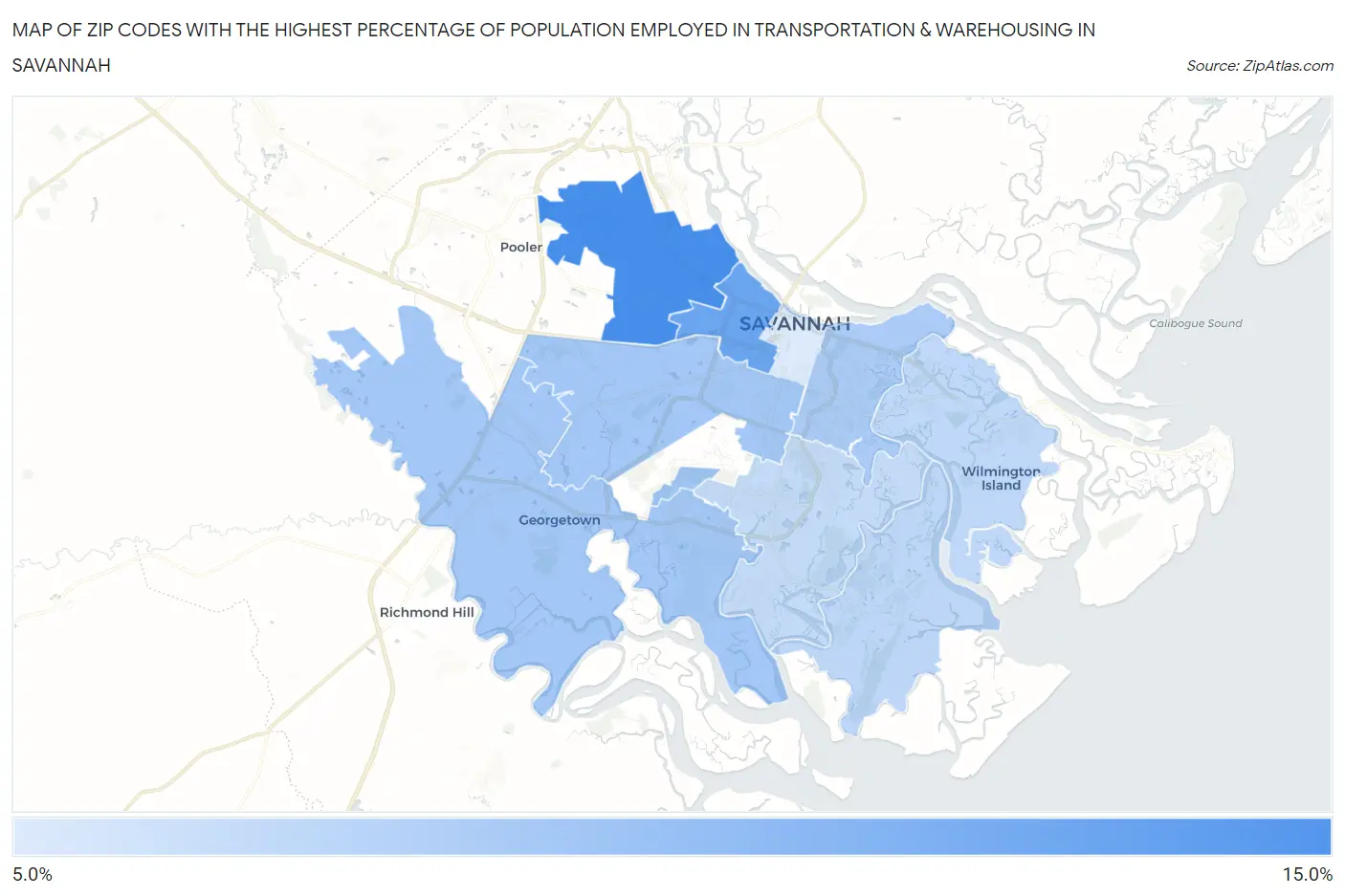 Zip Codes with the Highest Percentage of Population Employed in Transportation & Warehousing in Savannah Map