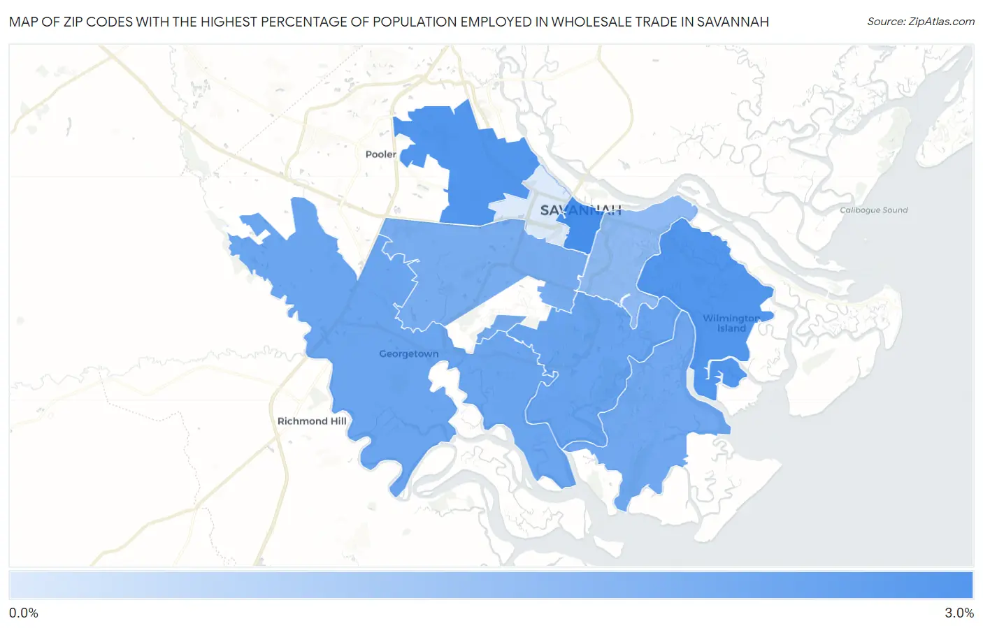 Zip Codes with the Highest Percentage of Population Employed in Wholesale Trade in Savannah Map