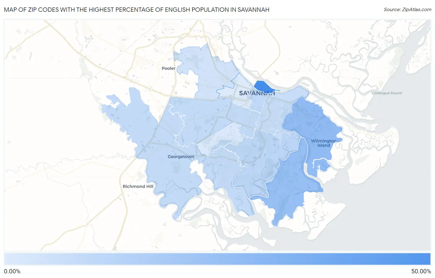 Zip Codes with the Highest Percentage of English Population in Savannah Map