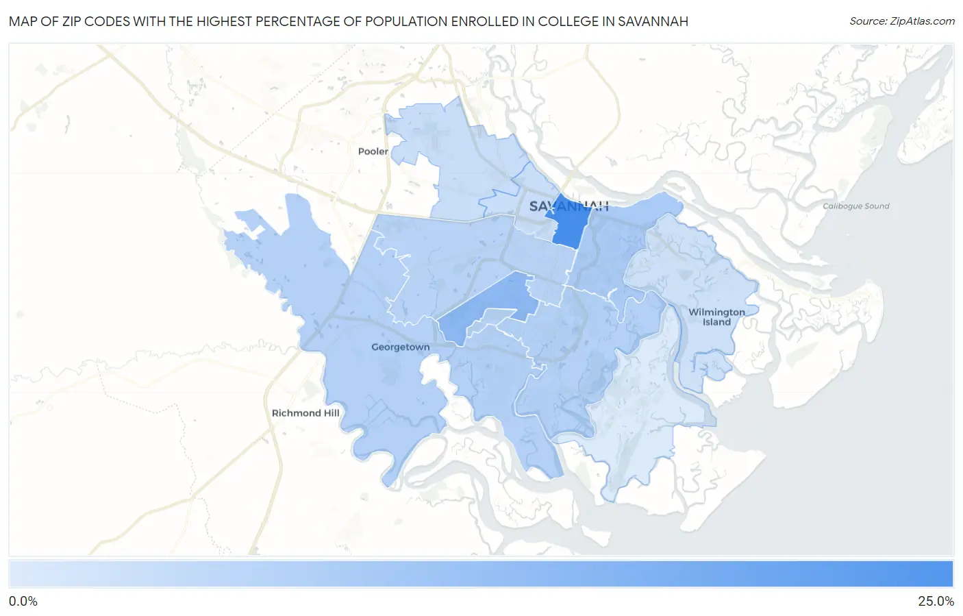 Zip Codes with the Highest Percentage of Population Enrolled in College in Savannah Map