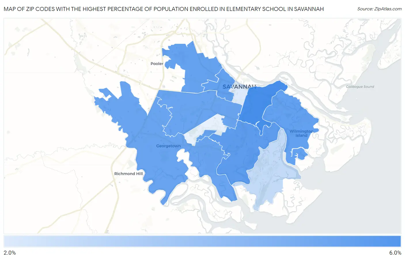 Zip Codes with the Highest Percentage of Population Enrolled in Elementary School in Savannah Map