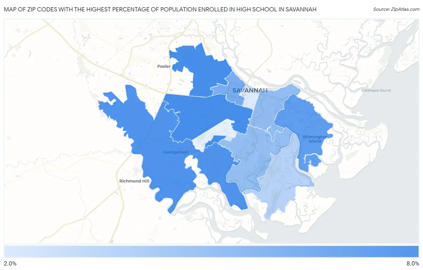 Zip Codes with the Highest Percentage of Population Enrolled in High School in Savannah Map