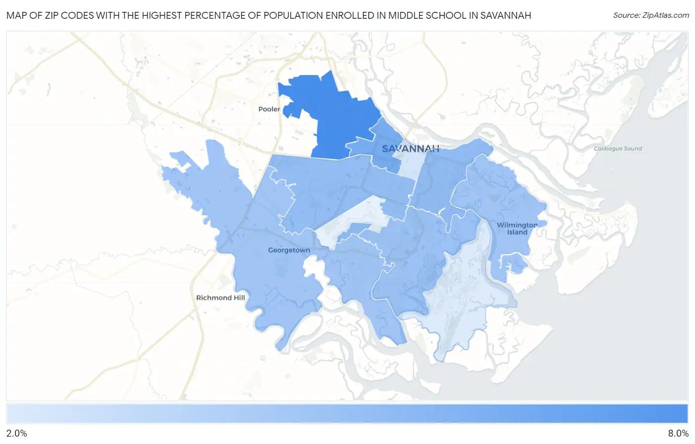 Zip Codes with the Highest Percentage of Population Enrolled in Middle School in Savannah Map