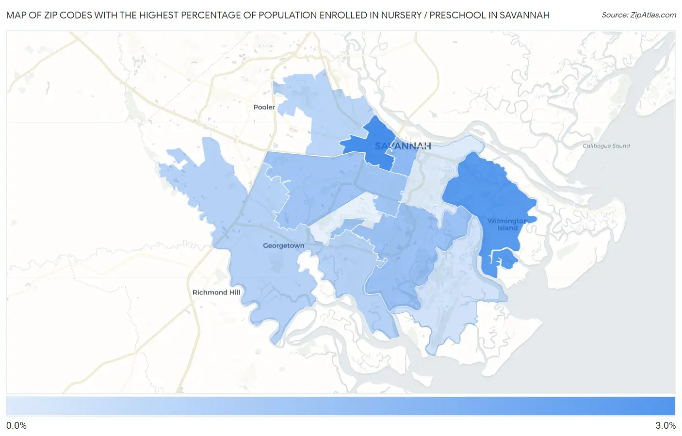 Zip Codes with the Highest Percentage of Population Enrolled in Nursery / Preschool in Savannah Map