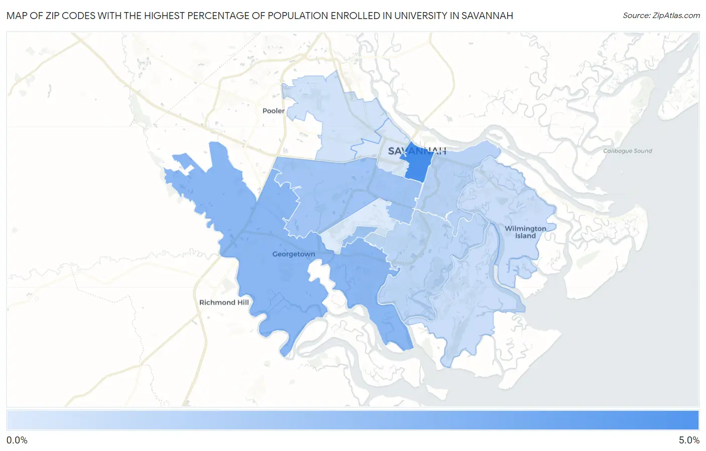 Zip Codes with the Highest Percentage of Population Enrolled in University in Savannah Map