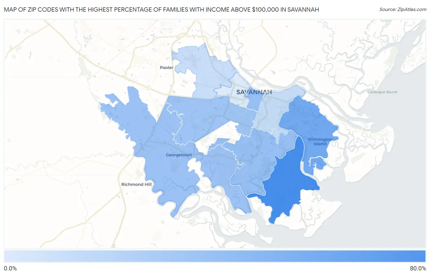 Zip Codes with the Highest Percentage of Families with Income Above $100,000 in Savannah Map