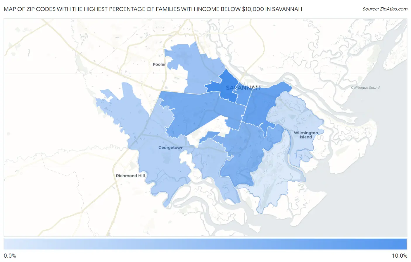 Zip Codes with the Highest Percentage of Families with Income Below $10,000 in Savannah Map