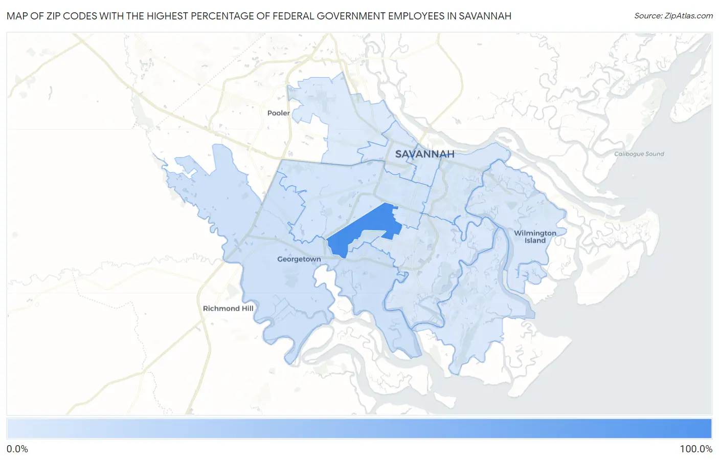 Zip Codes with the Highest Percentage of Federal Government Employees in Savannah Map