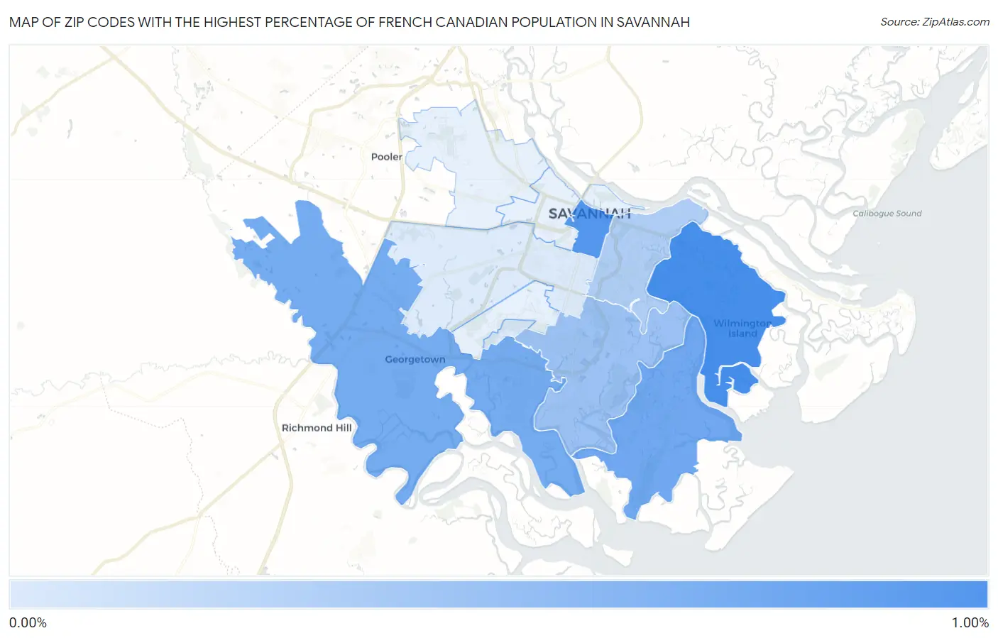 Zip Codes with the Highest Percentage of French Canadian Population in Savannah Map