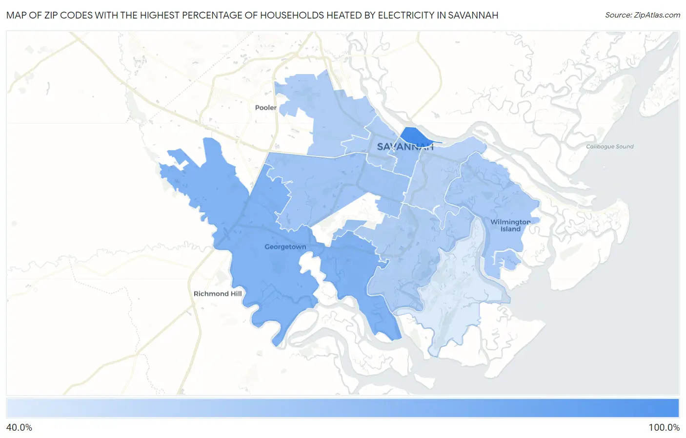 Zip Codes with the Highest Percentage of Households Heated by Electricity in Savannah Map