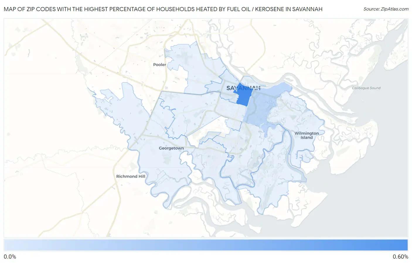 Zip Codes with the Highest Percentage of Households Heated by Fuel Oil / Kerosene in Savannah Map