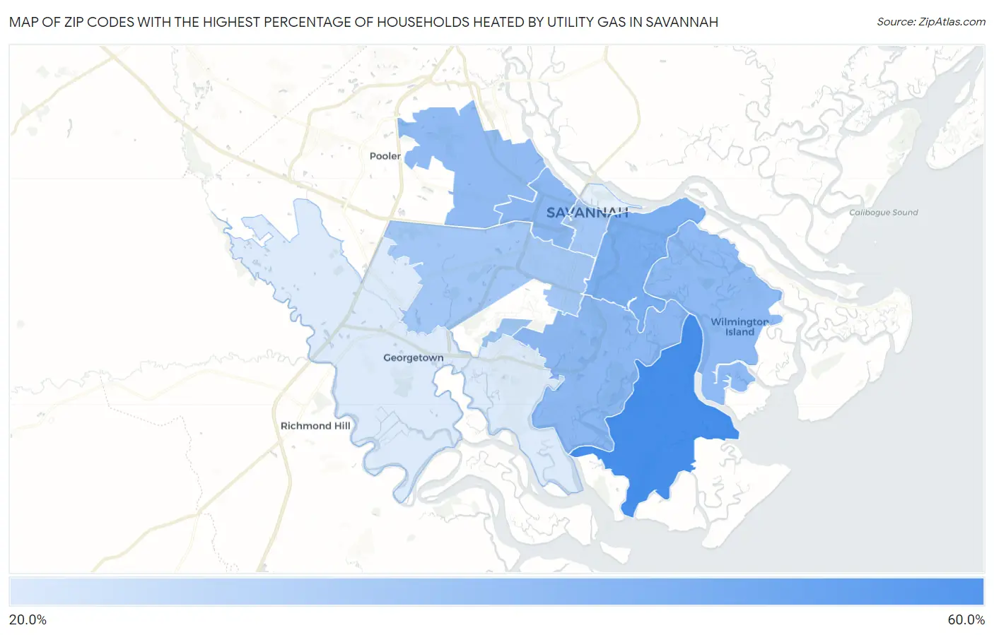Zip Codes with the Highest Percentage of Households Heated by Utility Gas in Savannah Map