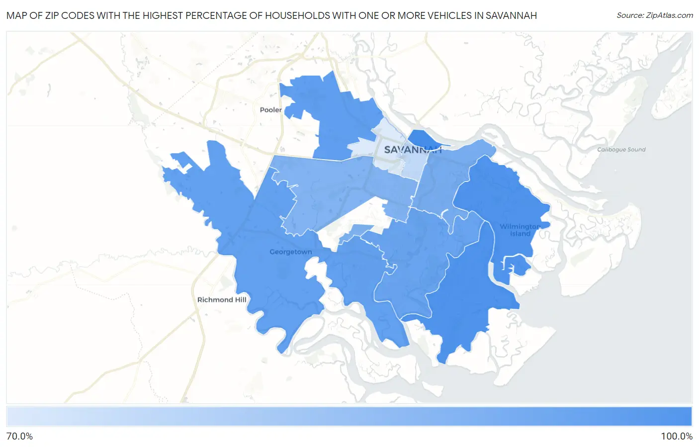 Zip Codes with the Highest Percentage of Households With One or more Vehicles in Savannah Map