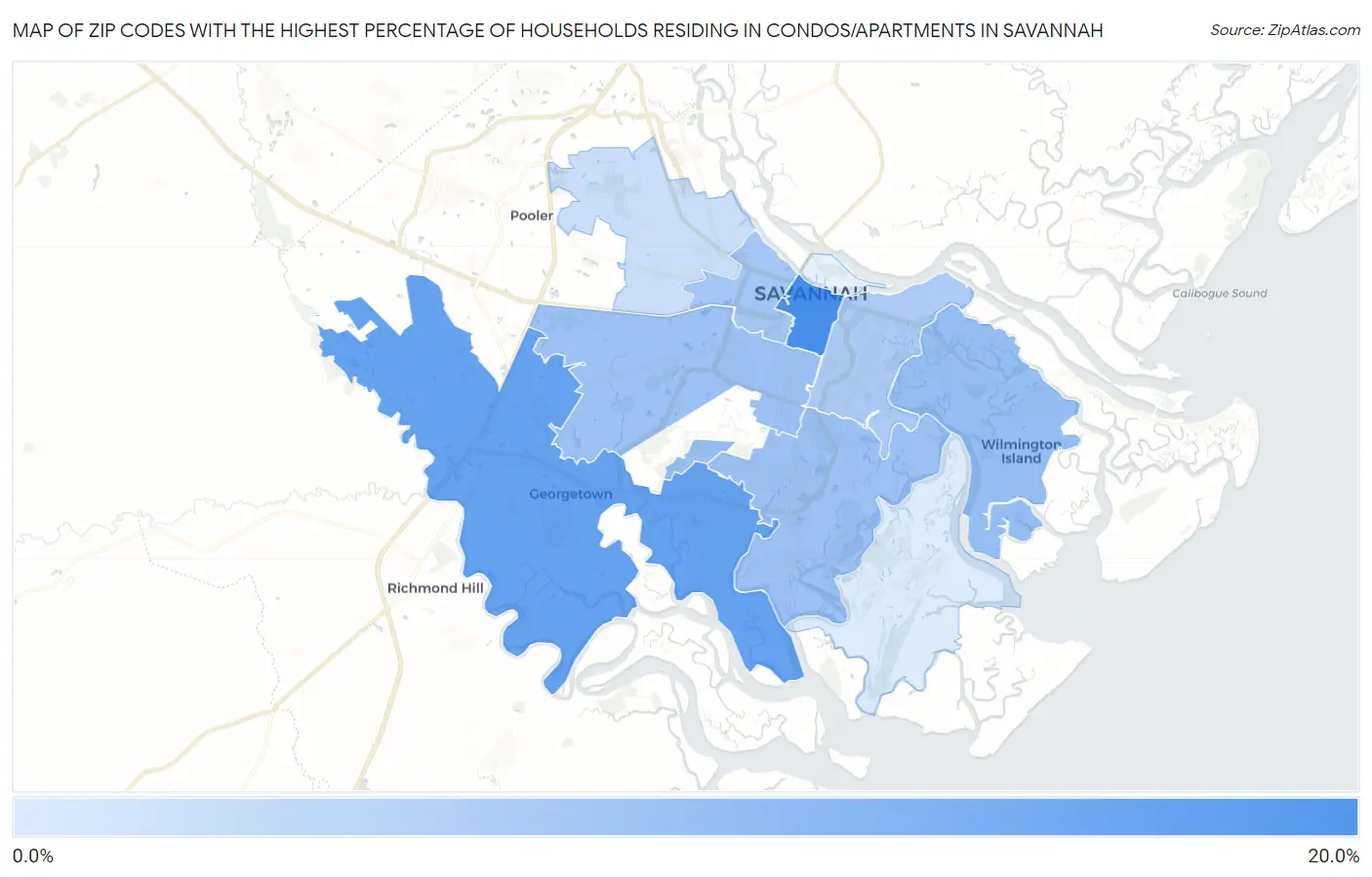 Zip Codes with the Highest Percentage of Households Residing in Condos/Apartments in Savannah Map