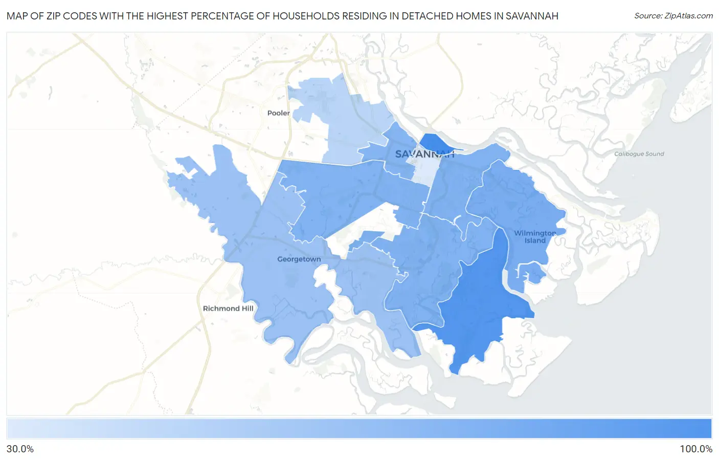 Zip Codes with the Highest Percentage of Households Residing in Detached Homes in Savannah Map