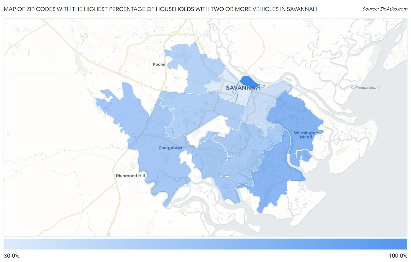 Zip Codes with the Highest Percentage of Households With Two or more Vehicles in Savannah Map