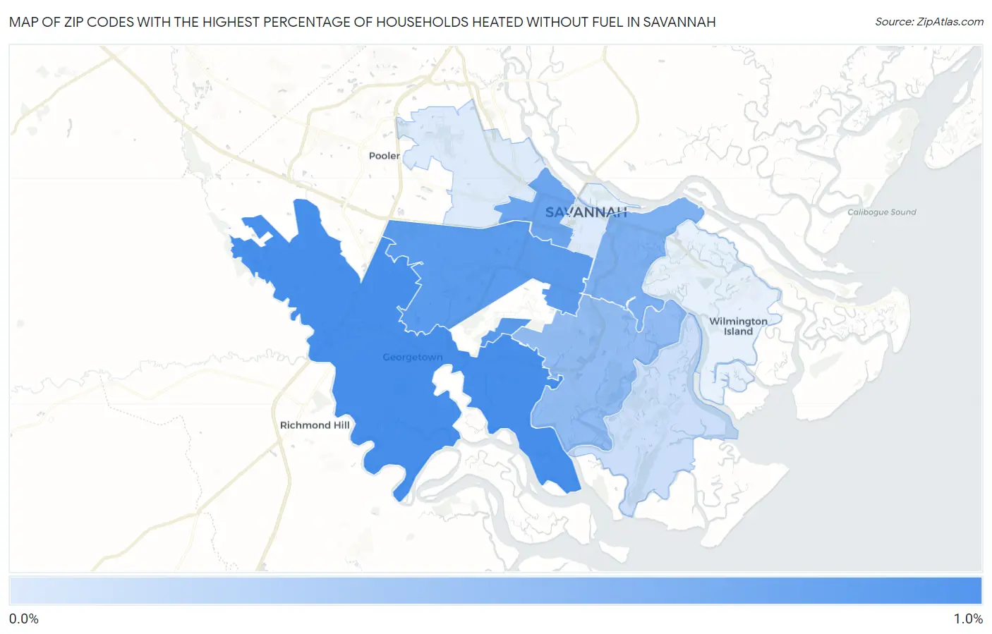Zip Codes with the Highest Percentage of Households Heated without Fuel in Savannah Map