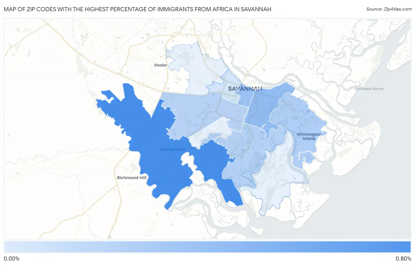 Zip Codes with the Highest Percentage of Immigrants from Africa in Savannah Map
