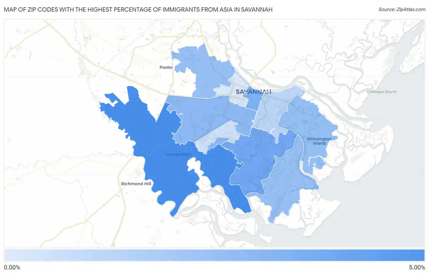 Zip Codes with the Highest Percentage of Immigrants from Asia in Savannah Map