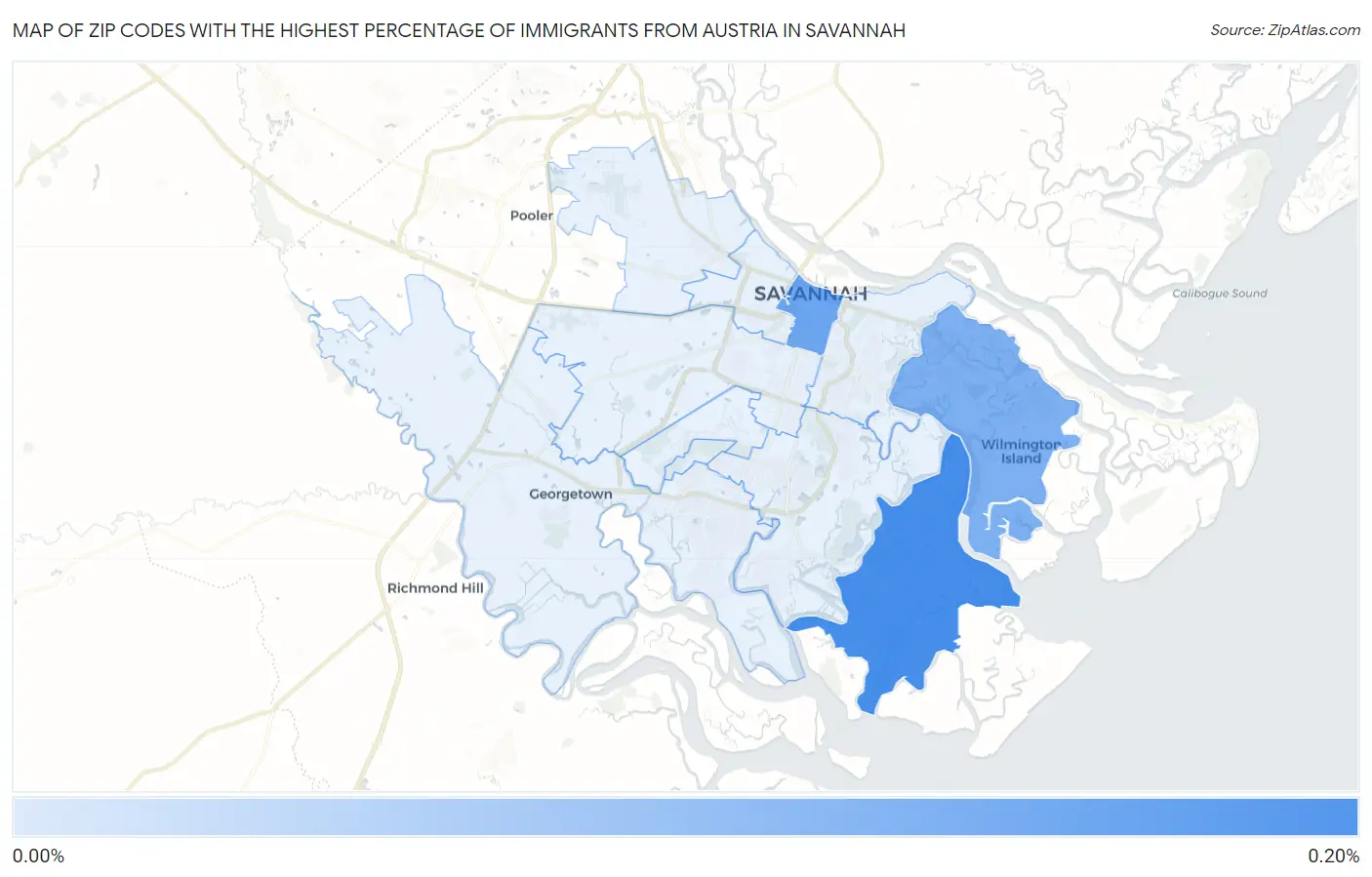 Zip Codes with the Highest Percentage of Immigrants from Austria in Savannah Map