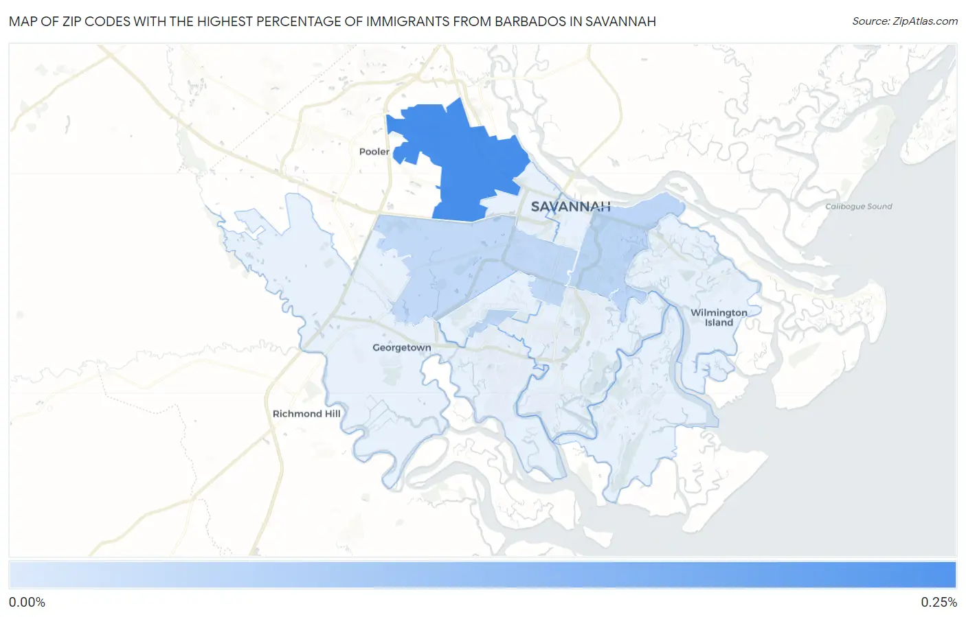 Zip Codes with the Highest Percentage of Immigrants from Barbados in Savannah Map