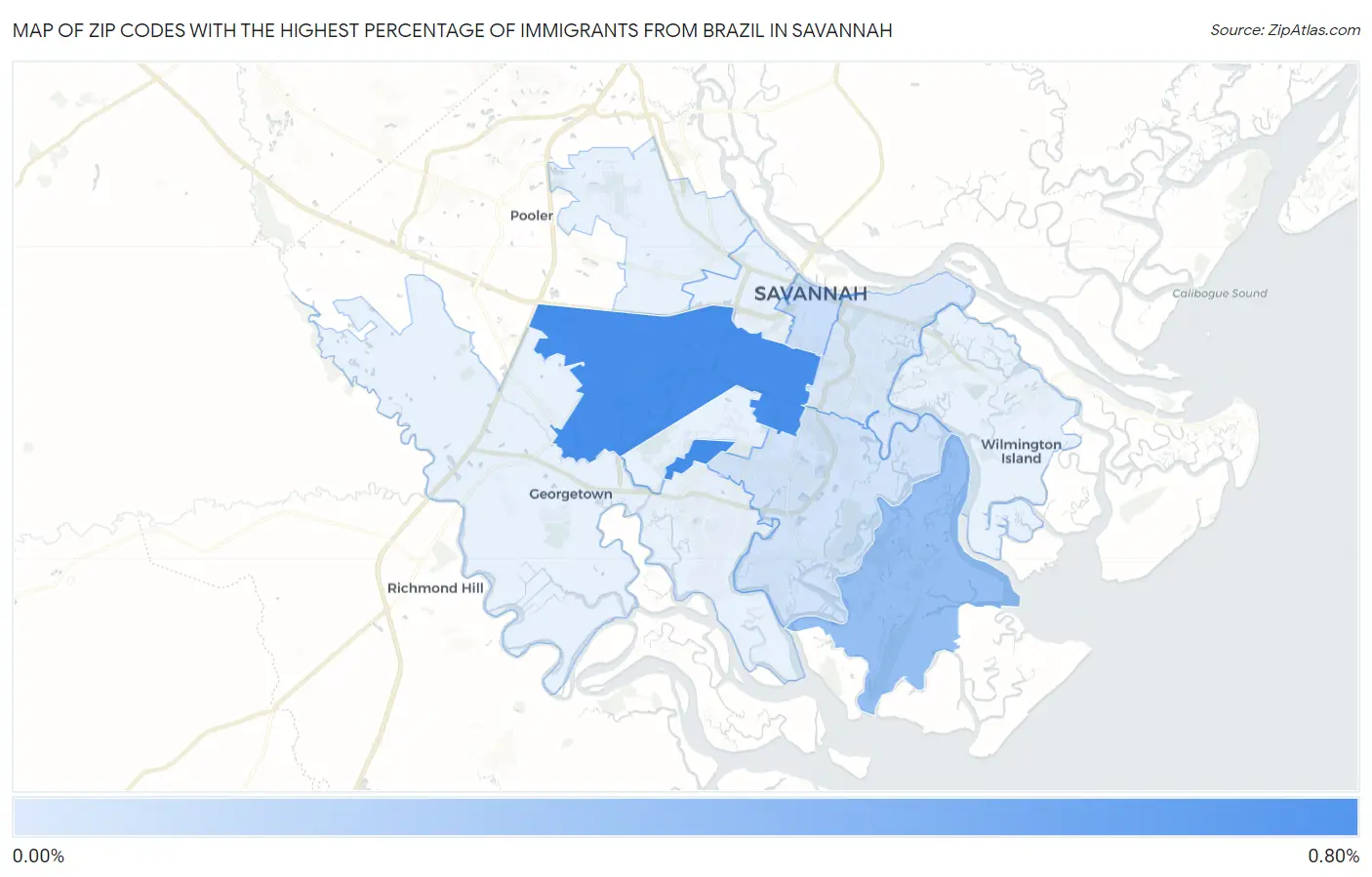 Zip Codes with the Highest Percentage of Immigrants from Brazil in Savannah Map