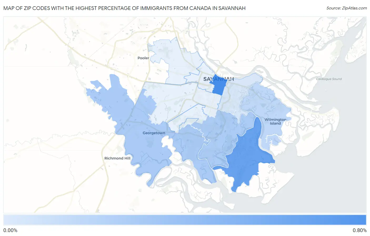 Zip Codes with the Highest Percentage of Immigrants from Canada in Savannah Map