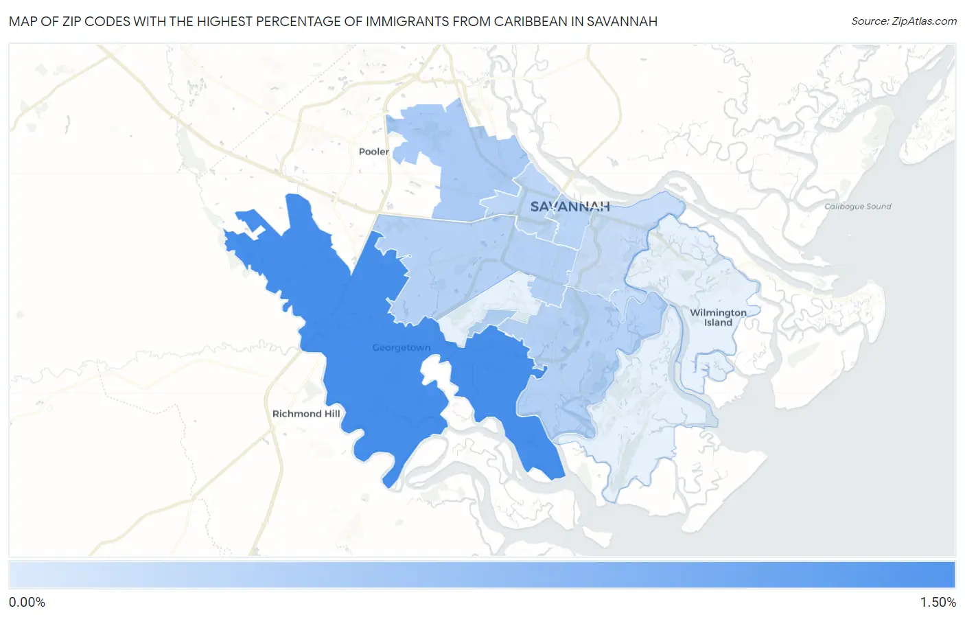 Zip Codes with the Highest Percentage of Immigrants from Caribbean in Savannah Map
