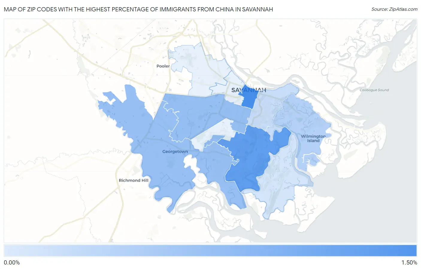 Zip Codes with the Highest Percentage of Immigrants from China in Savannah Map