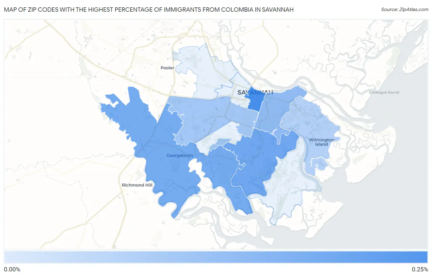 Zip Codes with the Highest Percentage of Immigrants from Colombia in Savannah Map