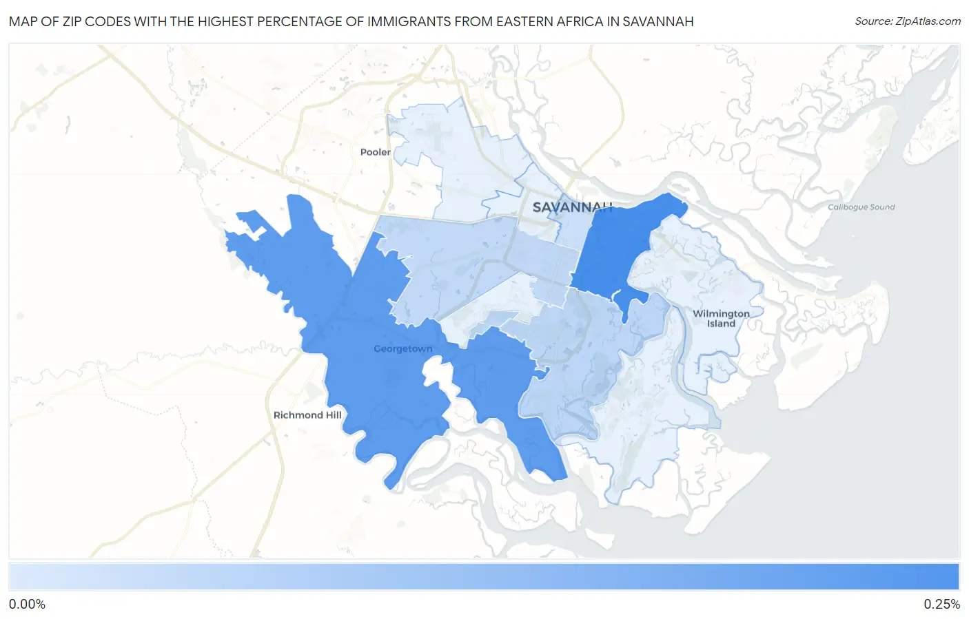 Zip Codes with the Highest Percentage of Immigrants from Eastern Africa in Savannah Map