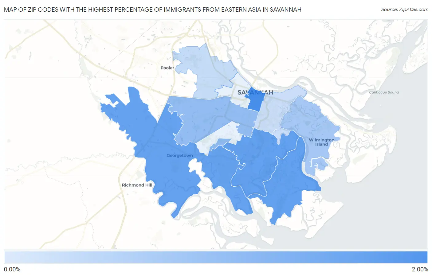 Zip Codes with the Highest Percentage of Immigrants from Eastern Asia in Savannah Map
