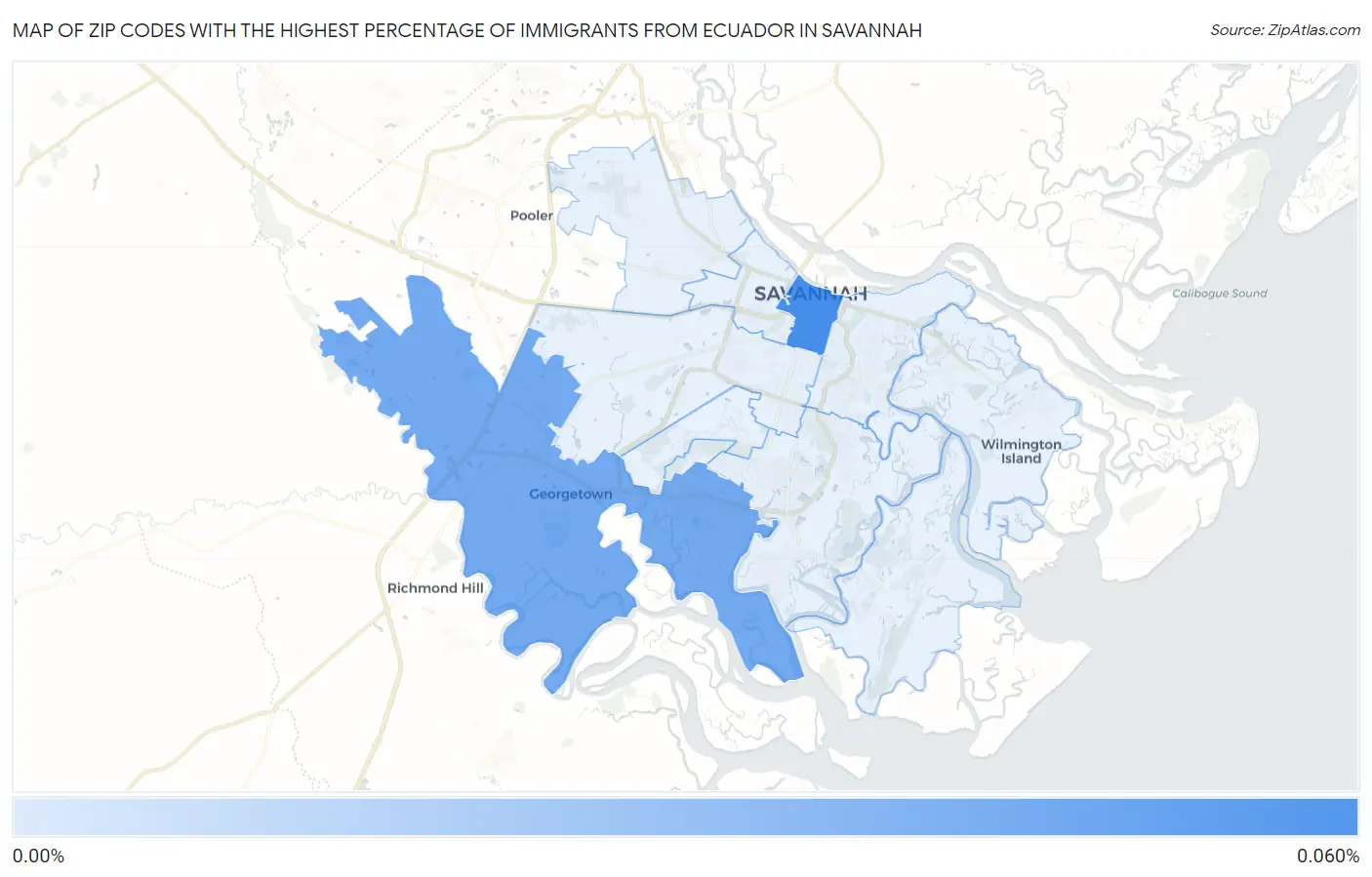 Zip Codes with the Highest Percentage of Immigrants from Ecuador in Savannah Map
