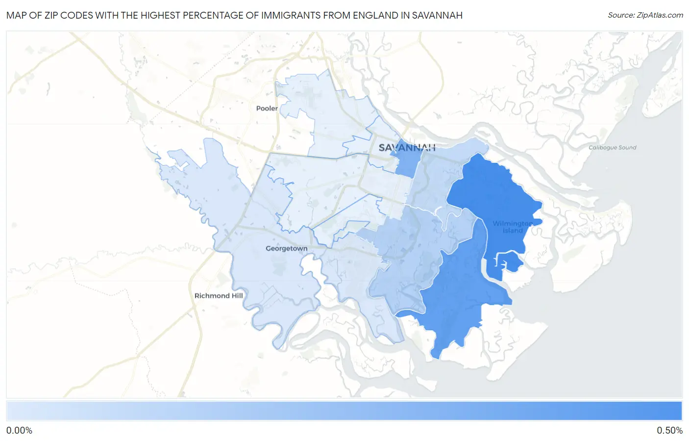 Zip Codes with the Highest Percentage of Immigrants from England in Savannah Map