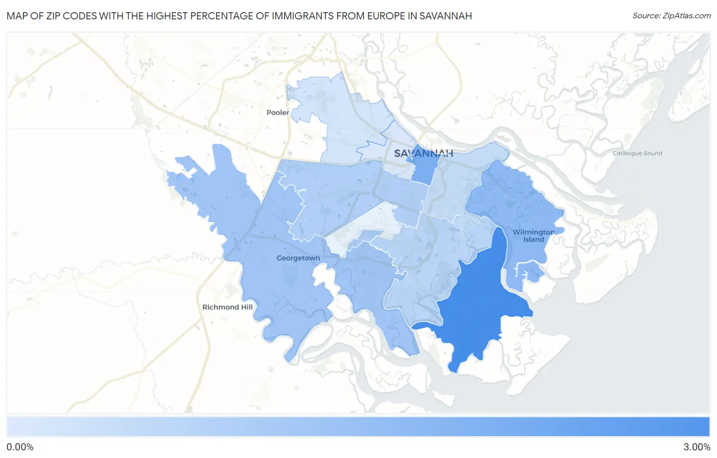 Zip Codes with the Highest Percentage of Immigrants from Europe in Savannah Map