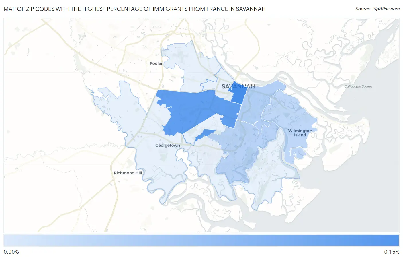 Zip Codes with the Highest Percentage of Immigrants from France in Savannah Map