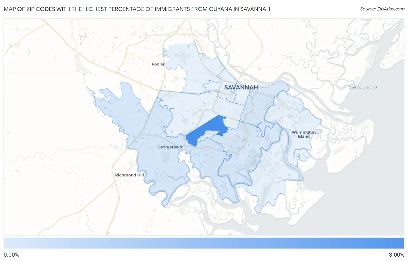 Zip Codes with the Highest Percentage of Immigrants from Guyana in Savannah Map