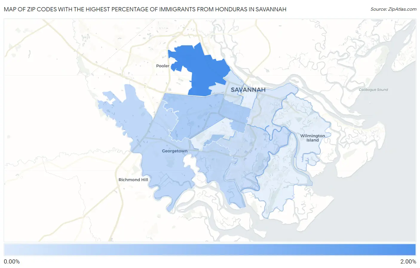 Zip Codes with the Highest Percentage of Immigrants from Honduras in Savannah Map