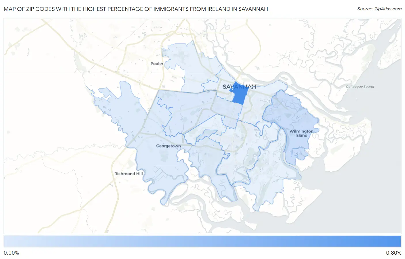 Zip Codes with the Highest Percentage of Immigrants from Ireland in Savannah Map