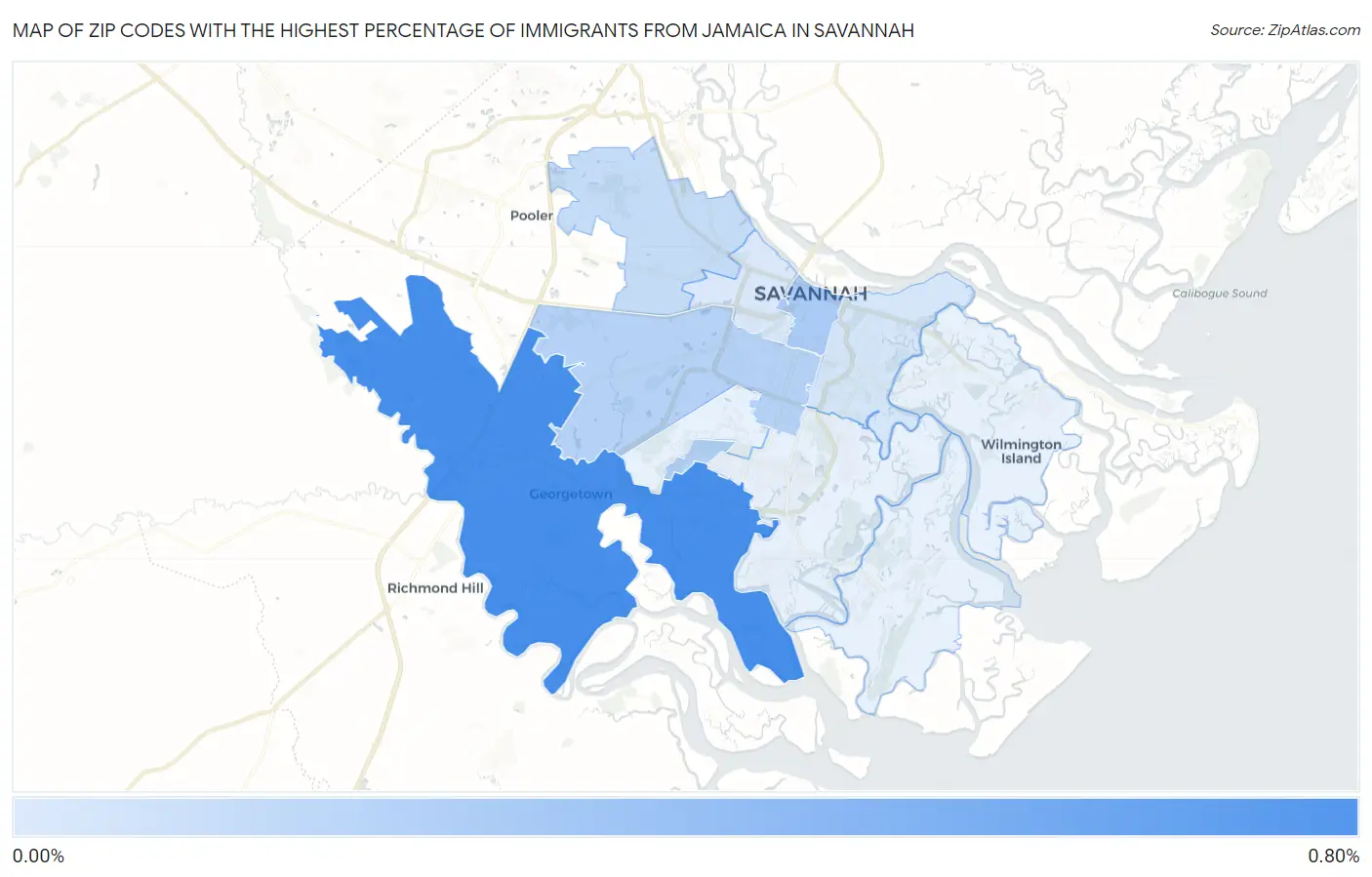 Zip Codes with the Highest Percentage of Immigrants from Jamaica in Savannah Map