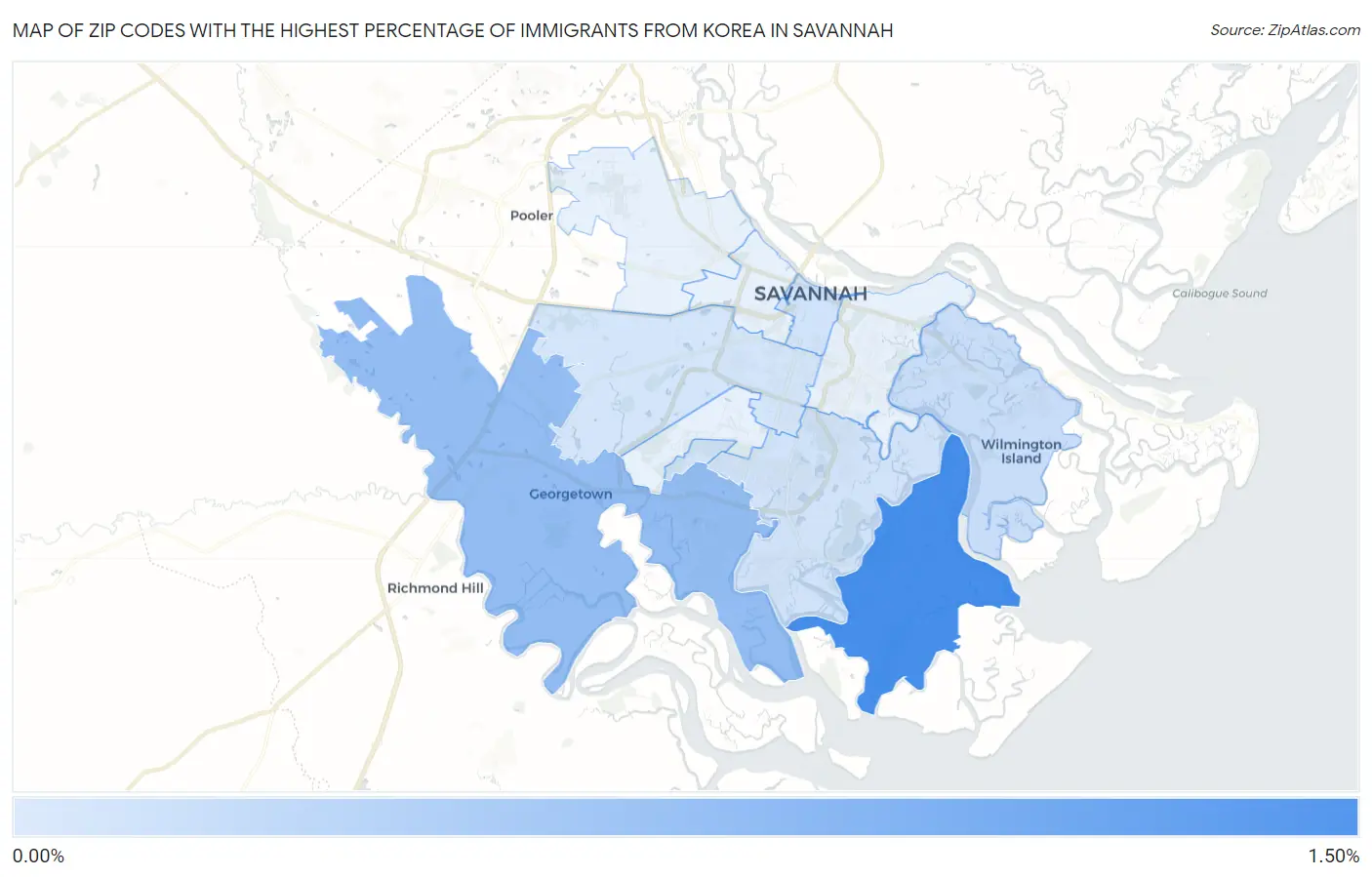 Zip Codes with the Highest Percentage of Immigrants from Korea in Savannah Map