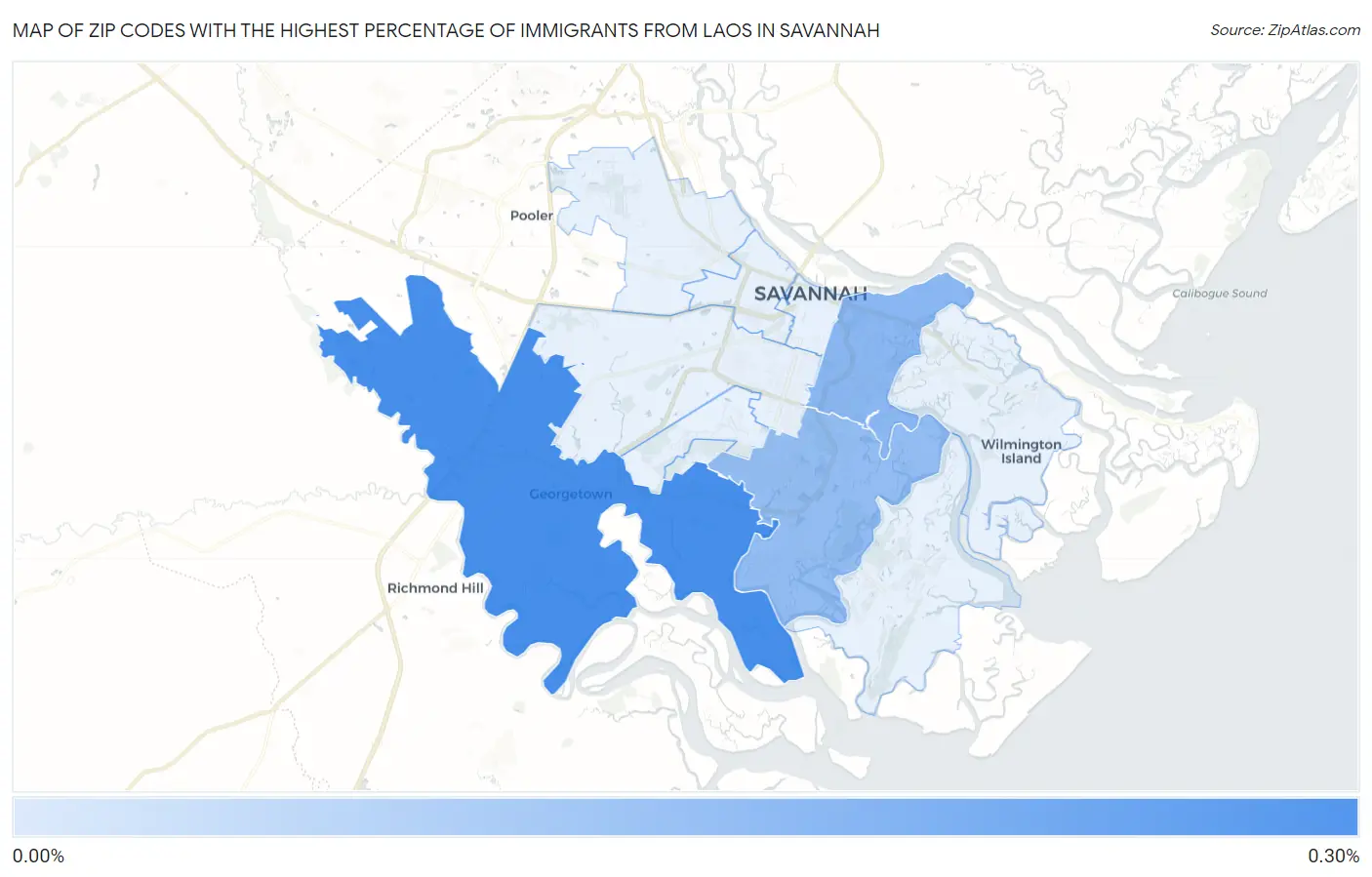 Zip Codes with the Highest Percentage of Immigrants from Laos in Savannah Map