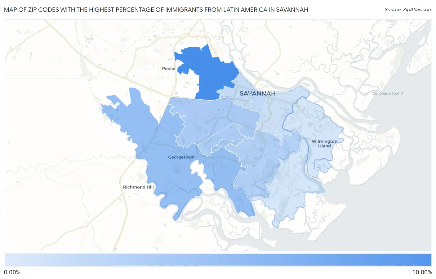 Zip Codes with the Highest Percentage of Immigrants from Latin America in Savannah Map