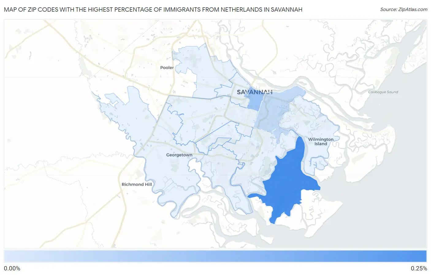 Zip Codes with the Highest Percentage of Immigrants from Netherlands in Savannah Map