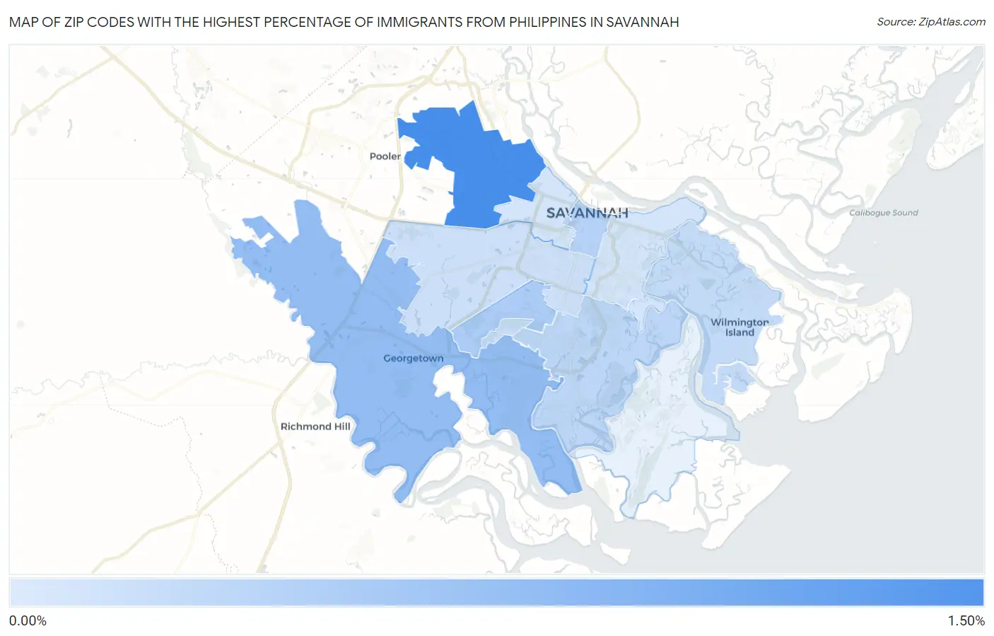 Zip Codes with the Highest Percentage of Immigrants from Philippines in Savannah Map