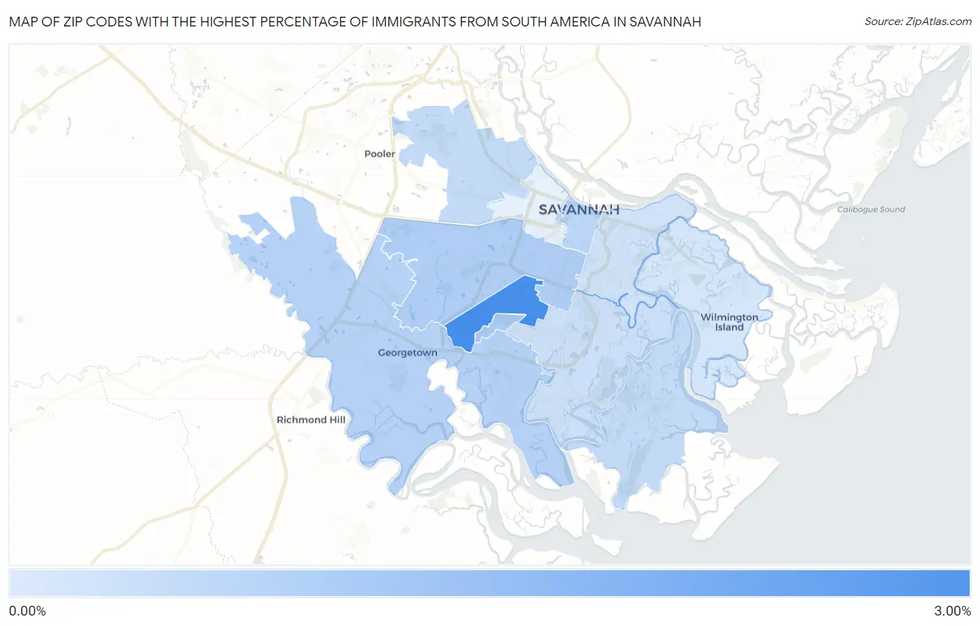 Zip Codes with the Highest Percentage of Immigrants from South America in Savannah Map