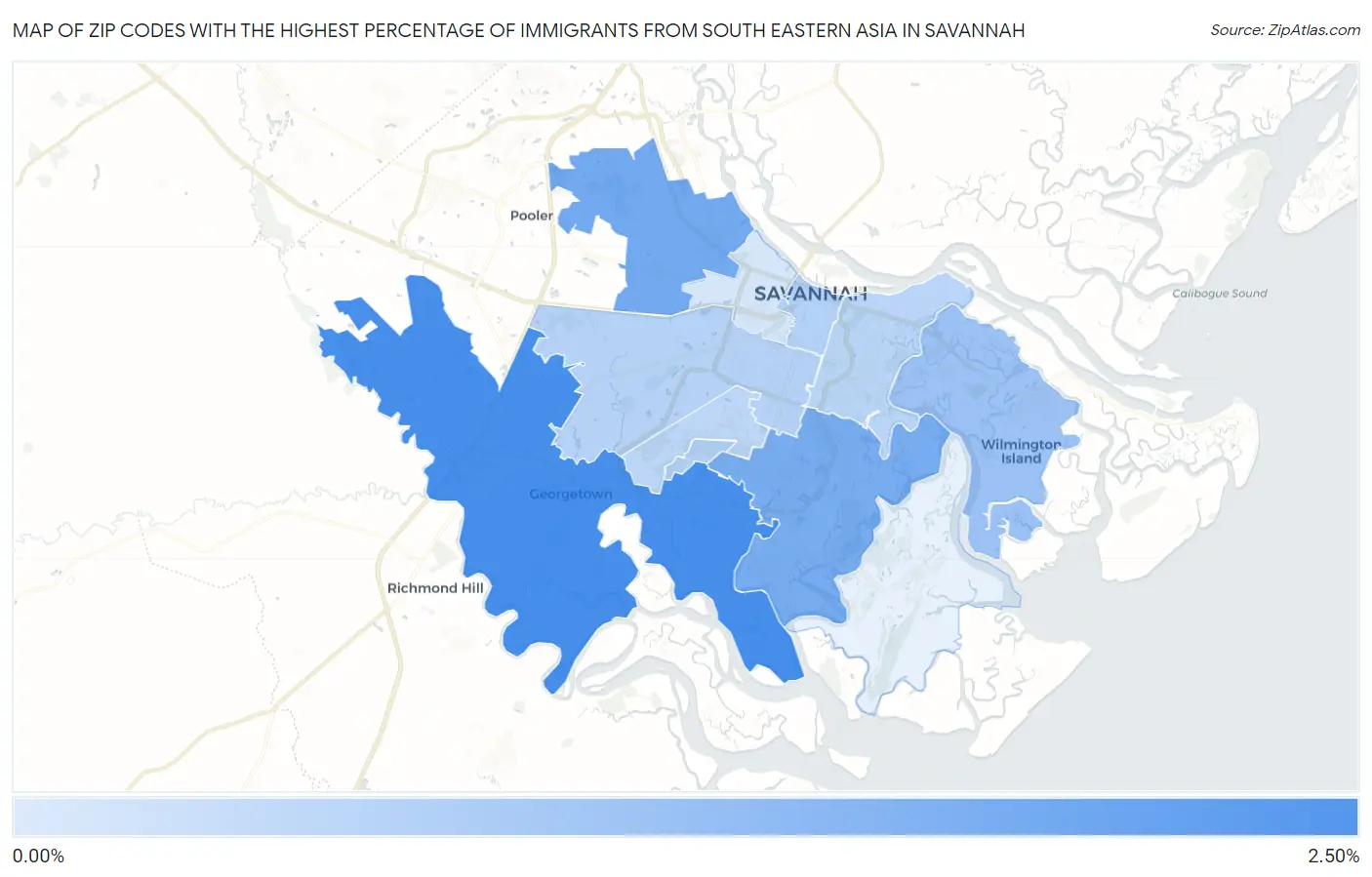 Zip Codes with the Highest Percentage of Immigrants from South Eastern Asia in Savannah Map