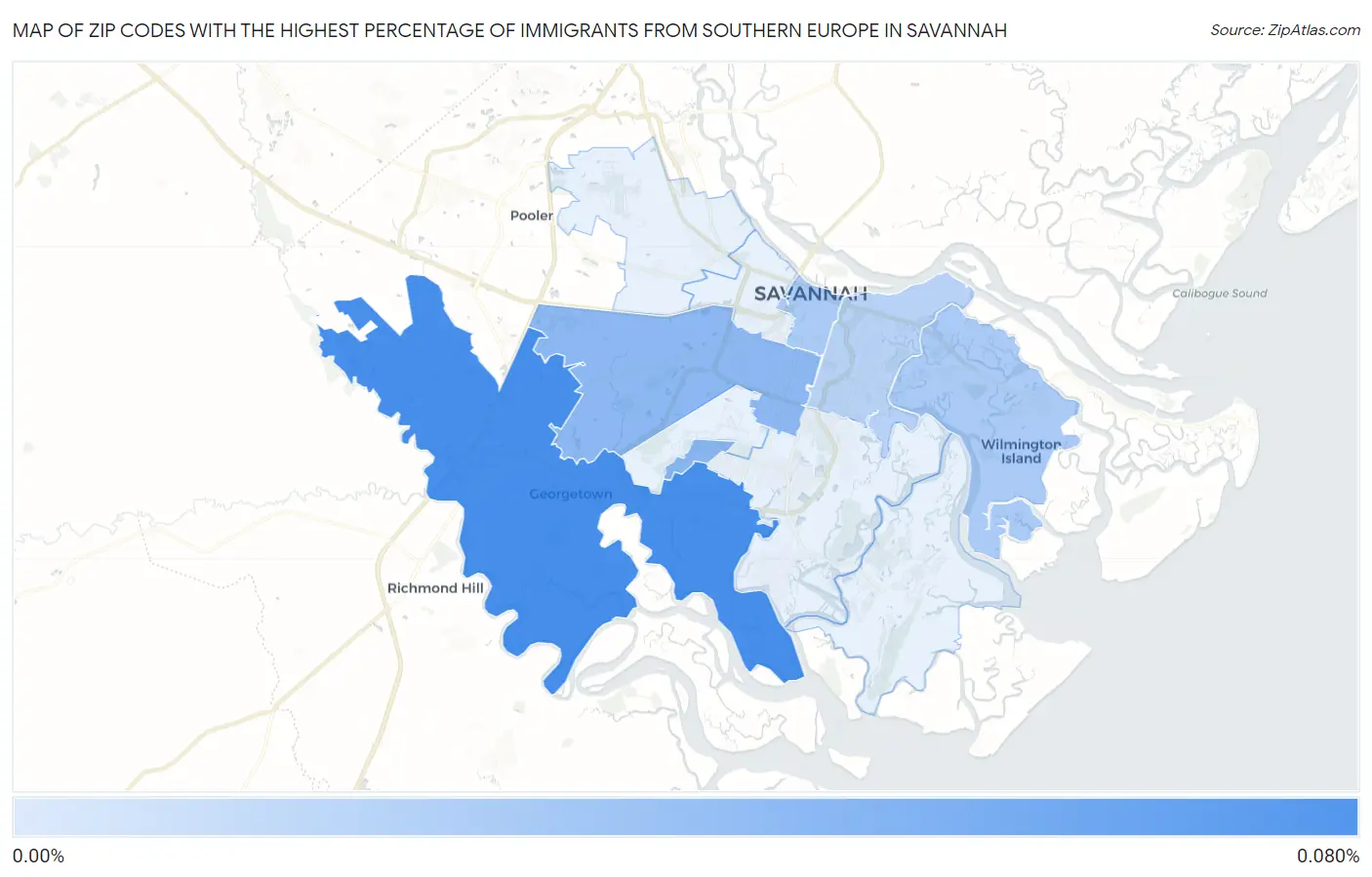 Zip Codes with the Highest Percentage of Immigrants from Southern Europe in Savannah Map