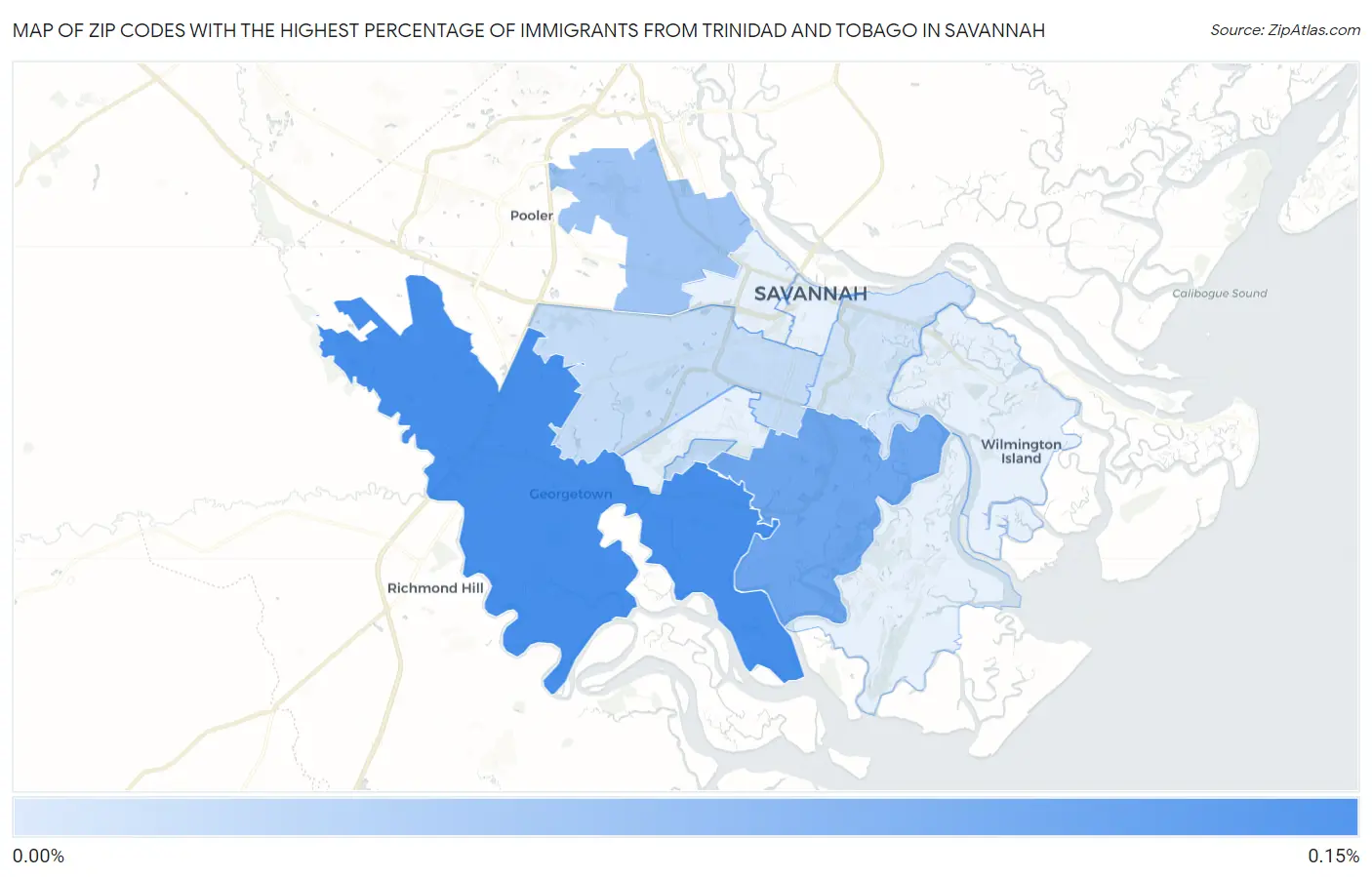 Zip Codes with the Highest Percentage of Immigrants from Trinidad and Tobago in Savannah Map
